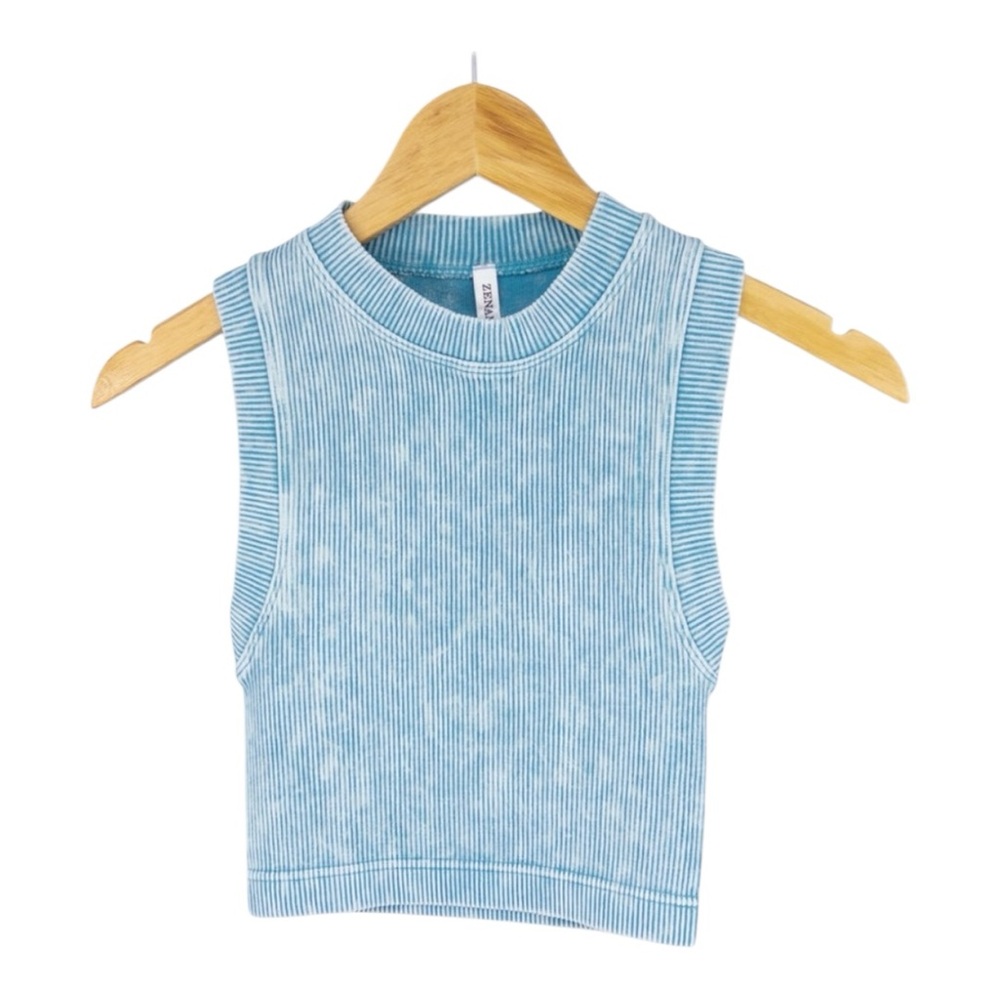 Zenana Ice Blue Cropped Ribbed Mineral Washed Tank Top Brami
